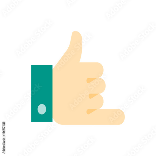 Hand gesture making a call me sign with thumb and pinky extended and green shirt sleeve showing clearly