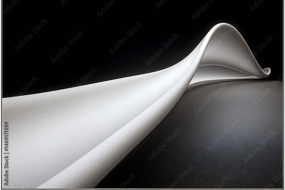 Fototapeta premium White smoke spirals in a graceful, curving pattern, rising slowly and leaving behind a trail of soft, smooth curves against the stark black background, adding a sense of serenity and motion.