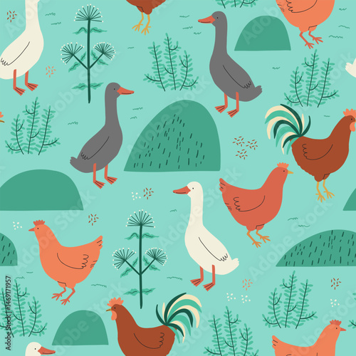 Seamless vector pattern featuring various farm birds such as chickens, ducks, and roosters on a green background with plants. Perfect for textile, packaging, and kids' products.