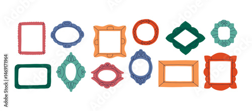 A diverse set of geometric frames in vibrant colors and shapes. Suitable for scrapbooking, invitations, photo decorations, and graphic design projects.