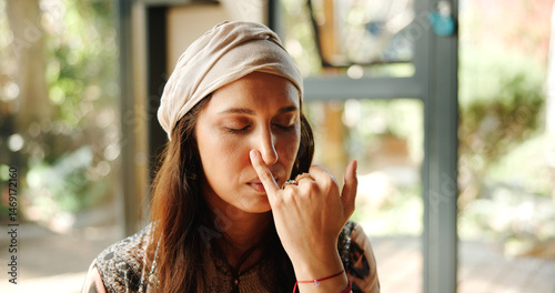 Tablou pe pânză Alternate, nostril and woman with breathing meditation for calm mindset, relax and inner peace with zen
