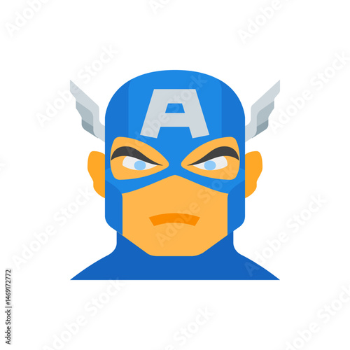 Illustration of a superhero face with a blue mask and a large letter a on the forehead design style