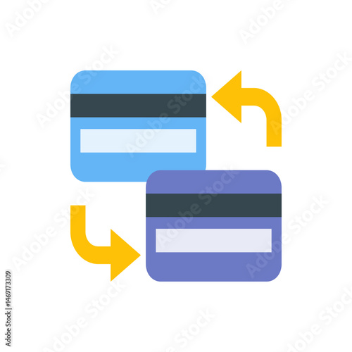 Illustration of two credit cards with arrows indicating a transaction or exchange process shown clearly