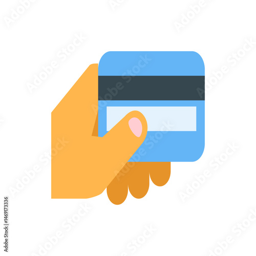 A hand holding a blue credit card with a magnetic stripe and a white label area for personalization