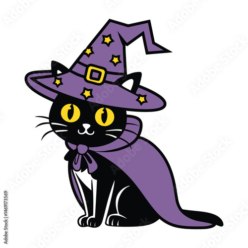 Cute Black Cat in Witch Costume Illustration
