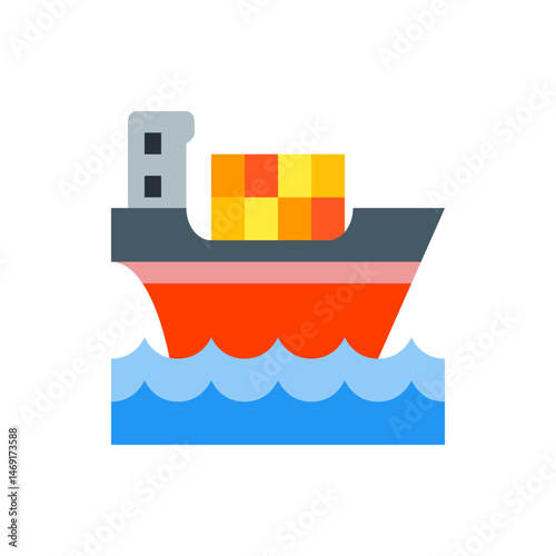 Illustration of a cargo ship with orange hull and containers sailing on a blue wavy sea in cartoon style