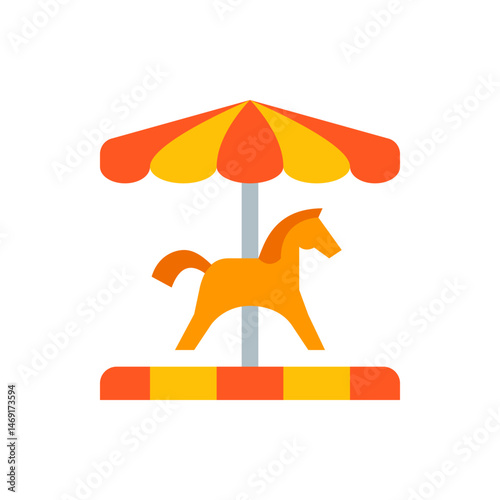 Illustration of a simple carousel with an orange horse and a striped yellow and orange canopy design