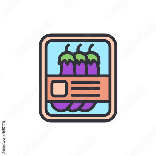 Stylized icon illustration featuring eggplants packed in a plastic container