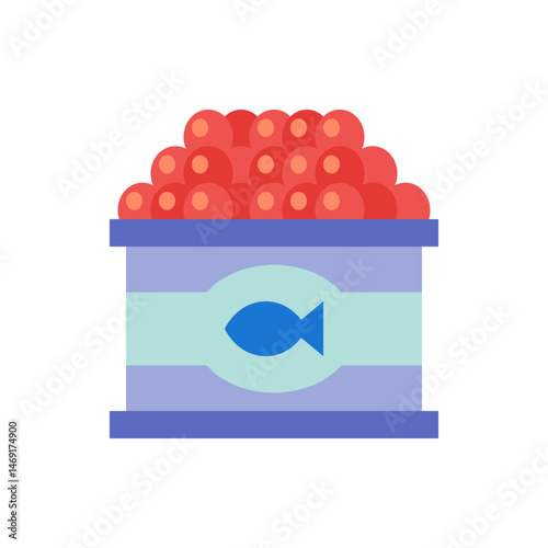 Illustration of a container filled with red caviar and a blue fish symbol on the container side panel