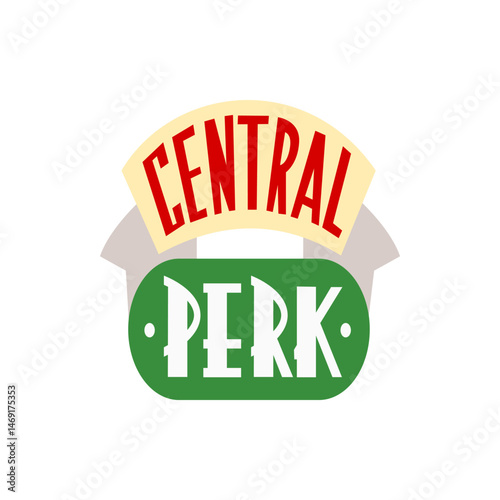 Central perk logo with red central text on a cream arch and white perk text on a green oval shape