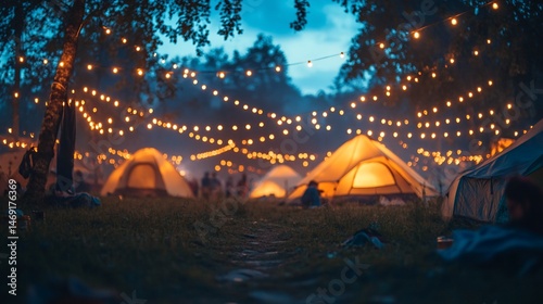 Enchanting night camping scene under glowing string lights and a twilight sky