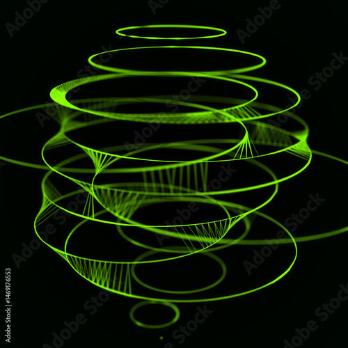 Green futuristic 3d sphere with circles and lines. Abstract global structure with distorted shape of ball. Big data visualization. 3D rendering.