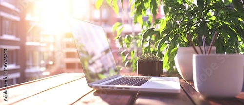 Laptop on a wooden desk in a natural light setting with plants and building backdrop