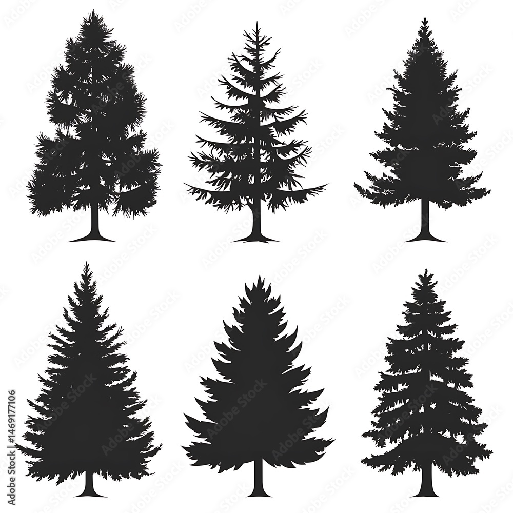 Obraz premium Silhouette illustration of various evergreen trees.