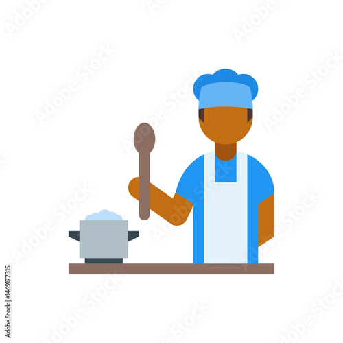 Chef preparing food with a spoon and pot on a counter, wearing a chef's hat and apron in a kitchen setting