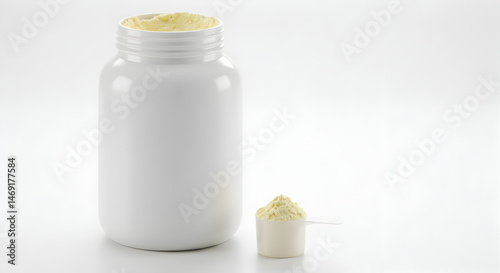 White Supplement Bottle with Powder Scoop on white background