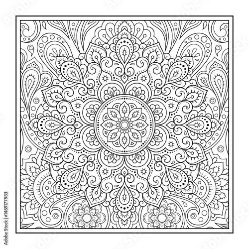 Decorative pattern of flowers and paisley for printing on fabric. Ornament for a bandana, a silk neckerchief, a tablecloth or a kerchief. Square sketch in tribal or oriental style.