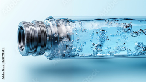 Water bottle connector with bubbles flowing through transparent pipe, clean water filtration system concept for environmental sustainability
