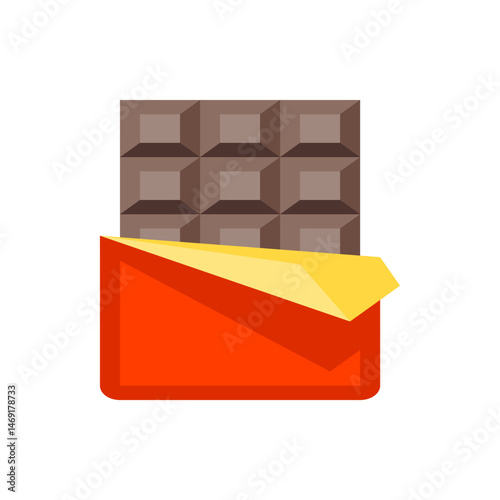Illustration of a chocolate bar with a red wrapper and gold foil partially peeled away revealing the treat