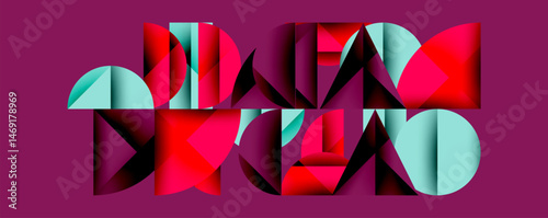 Abstract geometric shapes form text. Red, cyan hues dominate purple background. Modern design, bold composition.