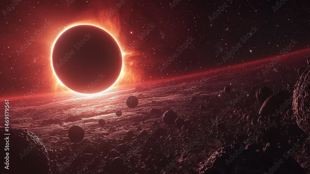Obraz premium Dramatic Cosmic Eclipse Over Alien Planet with Asteroids planet eclipse dramatic cosmic space cosmos