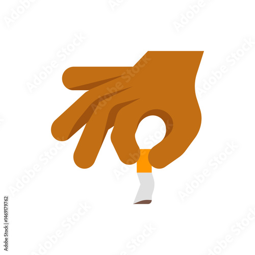 Hand holding a cigarette butt with orange filter and white paper against a plain white background view