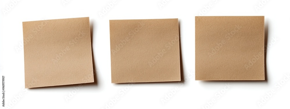 Three blank, light brown square sticky notes isolated on white Three blank, light brown square sticky notes isolated on white