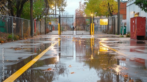Autumn Gate Reflection in Puddle