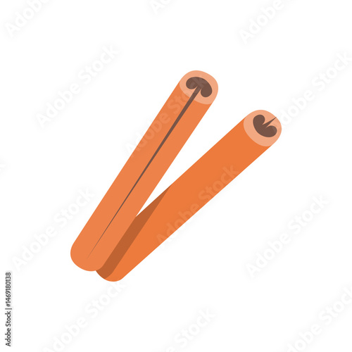 Illustration of two cinnamon sticks with rounded ends and brown interiors on a white background space