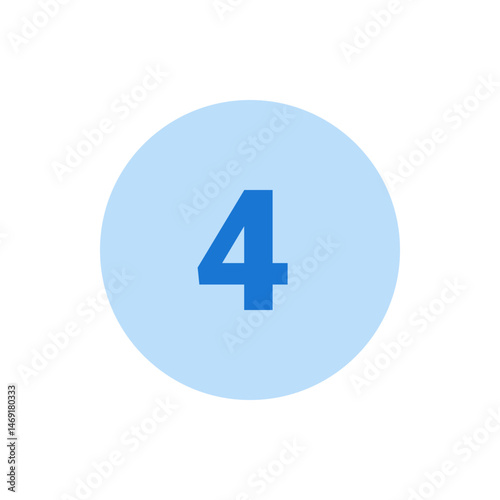 Illustration of the number four in blue color centered on a light blue circle against white background view