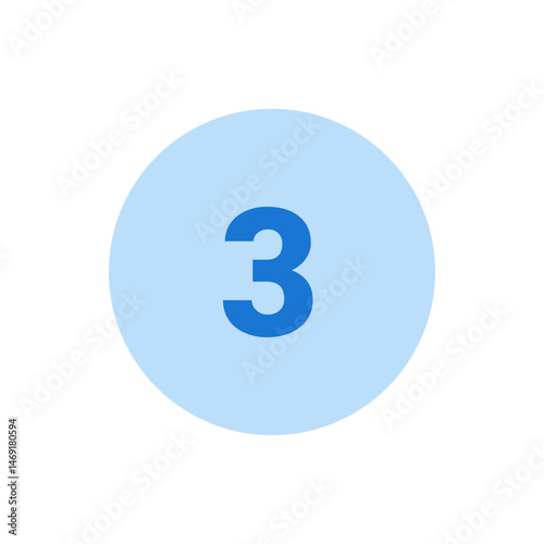 Illustration of the number three in blue on a light blue circle background, simple and clean design style image