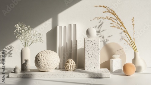 Minimal white home decor scene with ceramic objects and natural dried plants on soft background