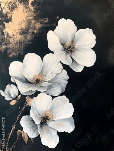 White flowers on black background, acrylic painting with brush strokes and palette knife. Oil on canvas work has 3D effect with gold accents. Floral panel for modern interior