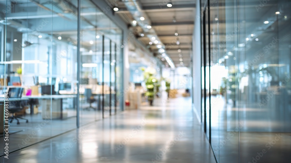 Modern Open Office Space with Glass Partition and Blurred Background Modern Open Office Space with Glass Partition and Blurred Background