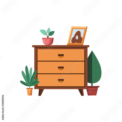 A flat-style vector illustration of a wooden dresser viewed from the front. 