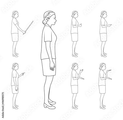 Woman Pointing and Talking in Side View - Outline Vector Illustration for Education, and Presentation.