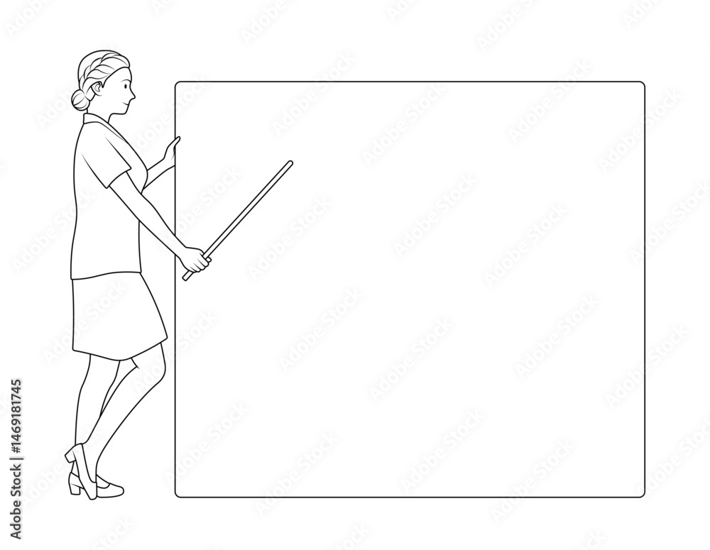 Female Teacher Pointing at Blank Board - Outline Vector Illustration for Education and Presentation. Female Teacher Pointing at Blank Board - Outline Vector Illustration for Education and Presentation.