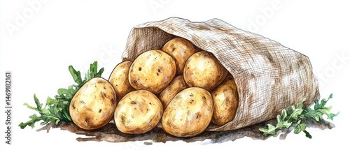 Hand-drawn illustration of potatoes in a burlap sack.