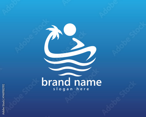 creative jet ski and speed boat logo, abstract jet ski blending with palm trees and waves below with sea background, logo design template