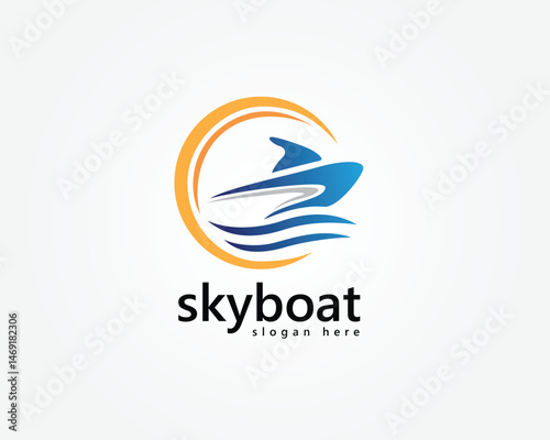 creative jet ski and speed boat logo, abstract jet ski with two waves below and sun with stripes around it, logo design template
