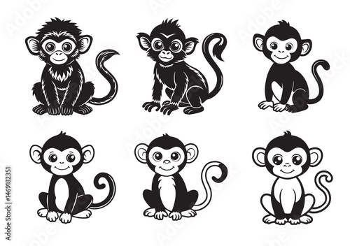 Cute Baby Monkey Silhouette Vector Set