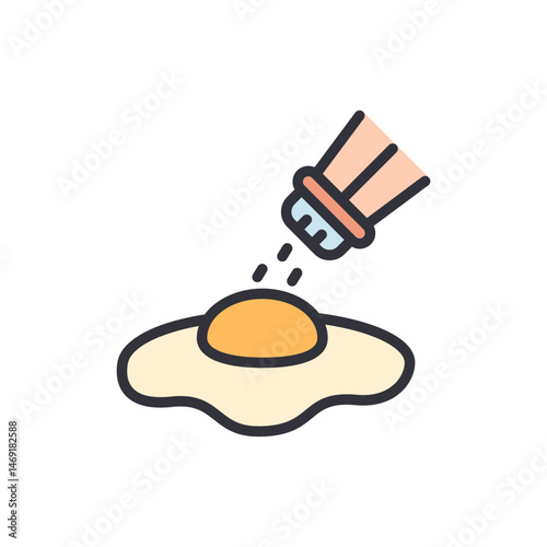 Enhancing the flavor, sprinkling salt on a cartoon fried egg icon style