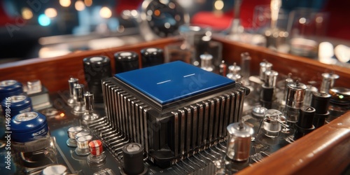 Expansion of AI Concept. A close view of a modern computer processor on a detailed circuit board showcasing advanced electronic components and exemplary engineering design.