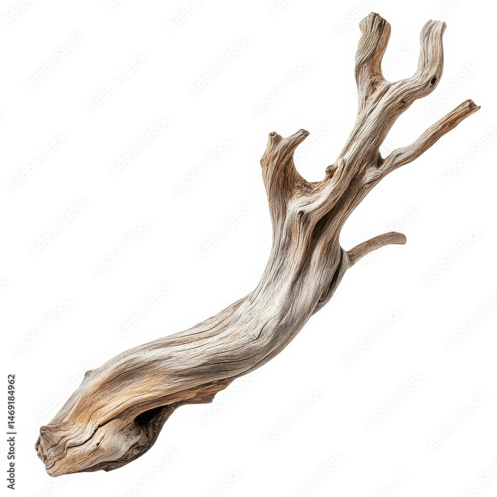 Fototapeta premium Isolated driftwood branch with textured surface and unique shape against white background studio shot