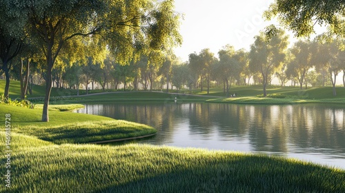Sunny parkland lake scene; people walking; tranquil morning; stock photo