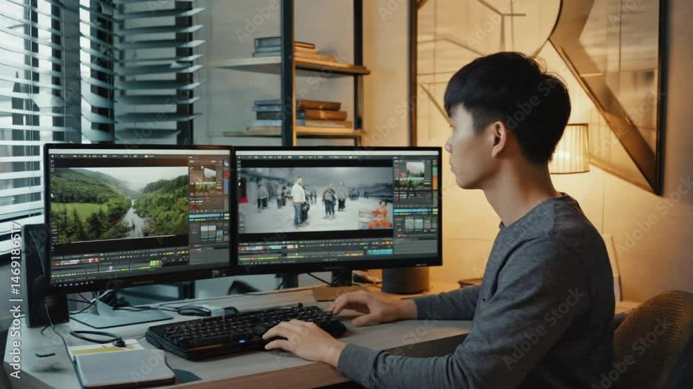 A male Asian video editor wearing a long-sleeved t-shirt contemplates while utilizing a desktop computer for video editing at home A male Asian video editor wearing a long-sleeved t-shirt contemplates while utilizing a desktop computer for video editing at home