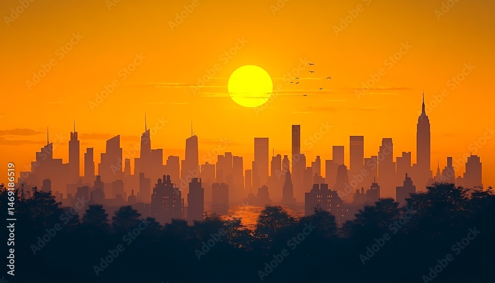 Obraz premium Silhouette cityscape at sunset over trees.