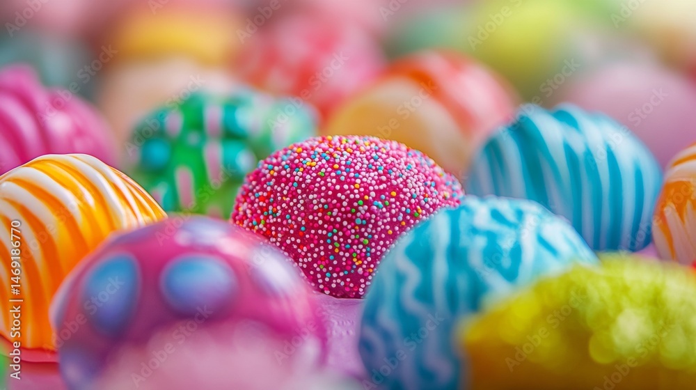 Assorted candy in bright colors with sugar coating displayed closely in playful macro photography