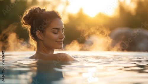 Wallpaper Mural serene immersion woman bathing in thermal pool enjoying golden sunset light with gentle steam rising Torontodigital.ca
