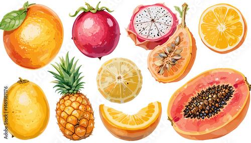 Fresh Summer Fruits Collection on Transparent Background  